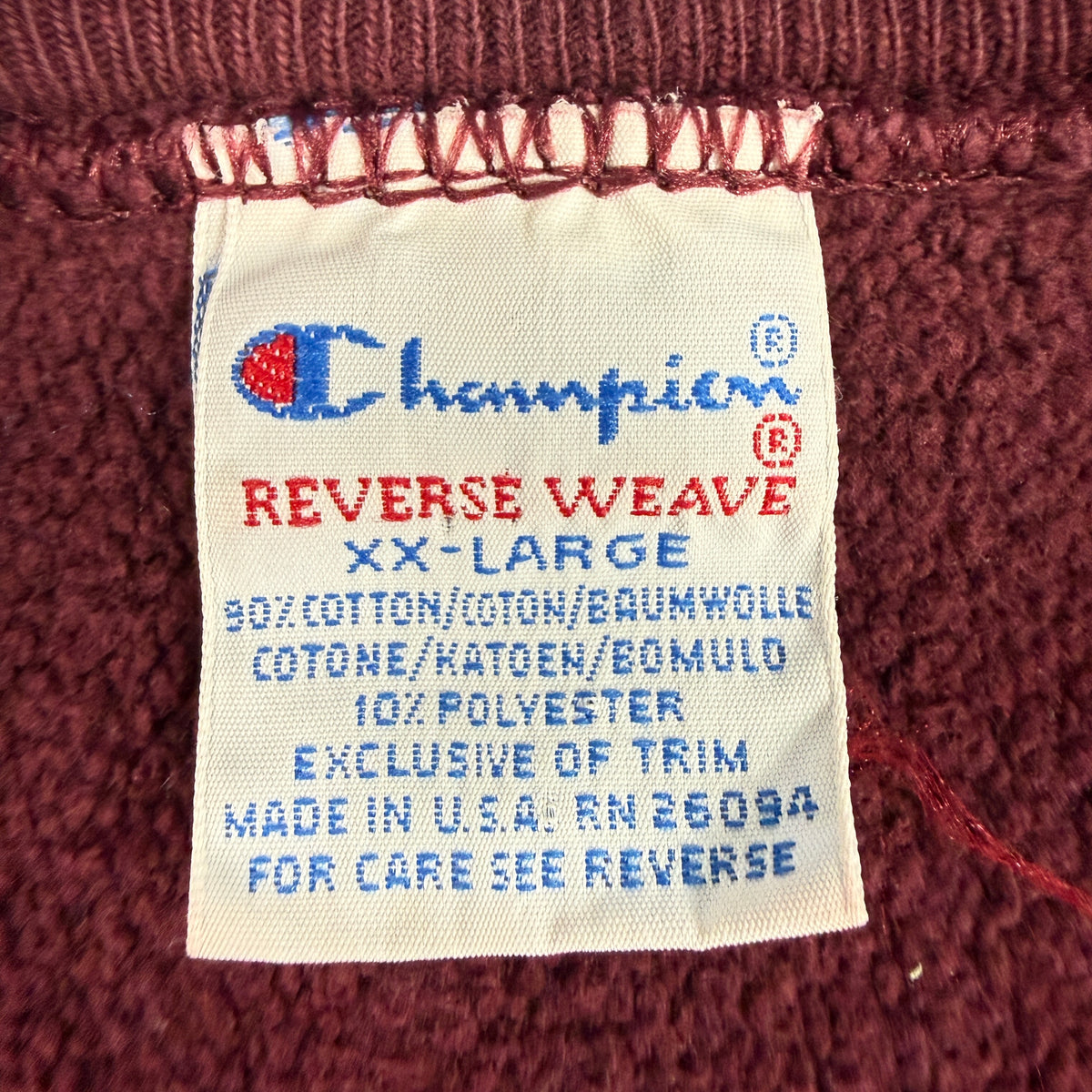 90's Champion リバースウィーブ VIRGINIA TECH マルーン スウェット XXL 刺繍タグ XX-LARGE MADE IN U.S.A. RN 26094 寄り