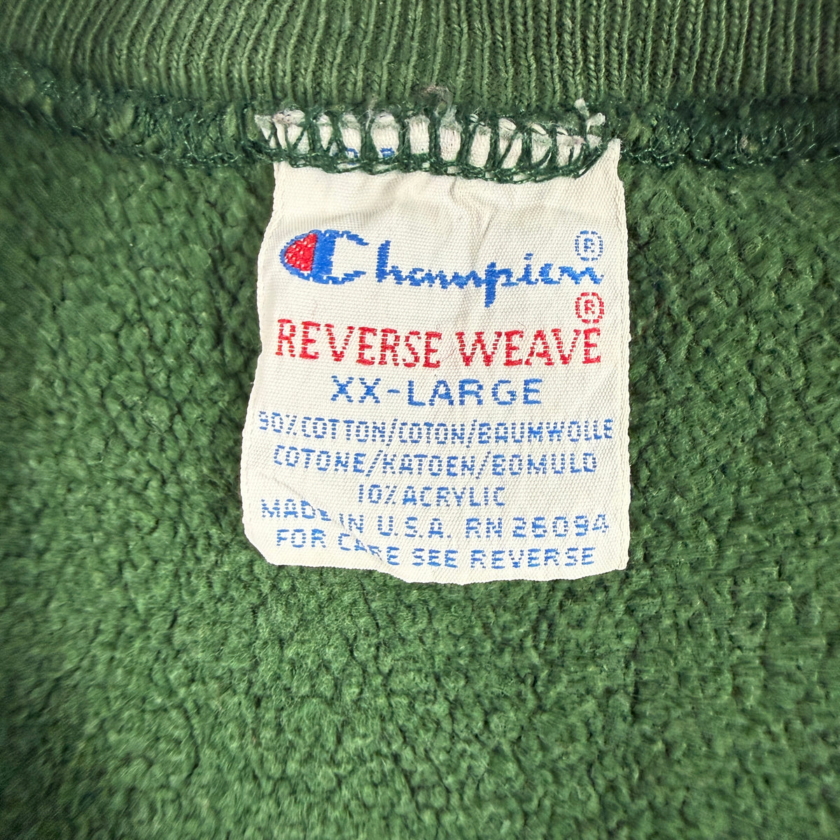 90's Champion リバースウィーブ UW-Stout 刺繍 ダークグリーン スウェット XXL 刺繍タグ XX-LARGE MADE IN U.S.A. RN 26094 寄り
