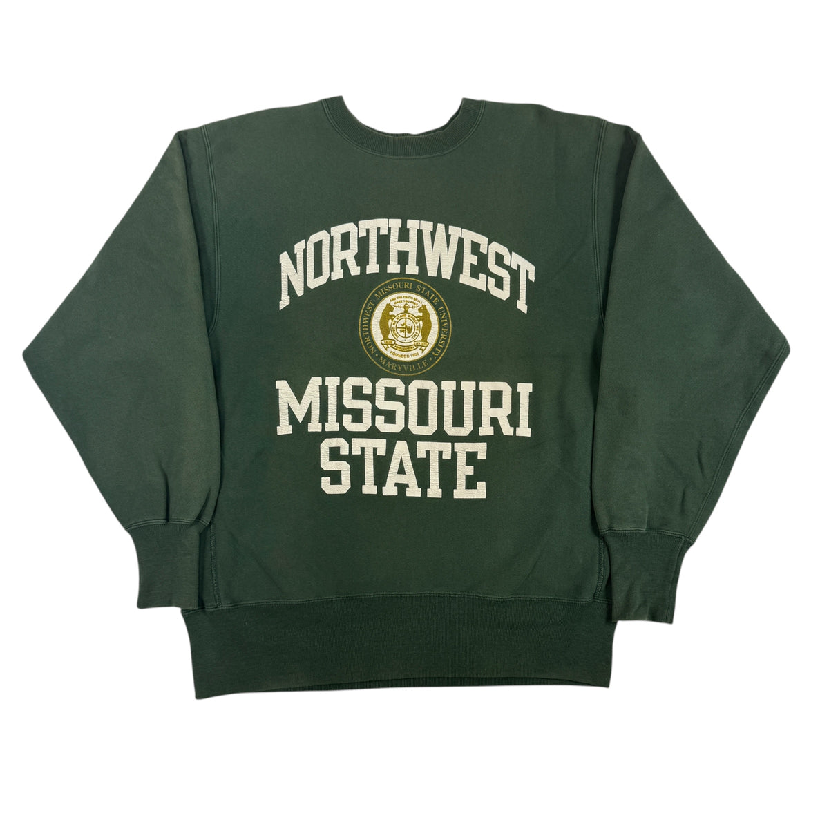 90's Champion リバースウィーブ NORTHWEST MISSOURI STATE 校章 グリーン スウェット L 正面全体