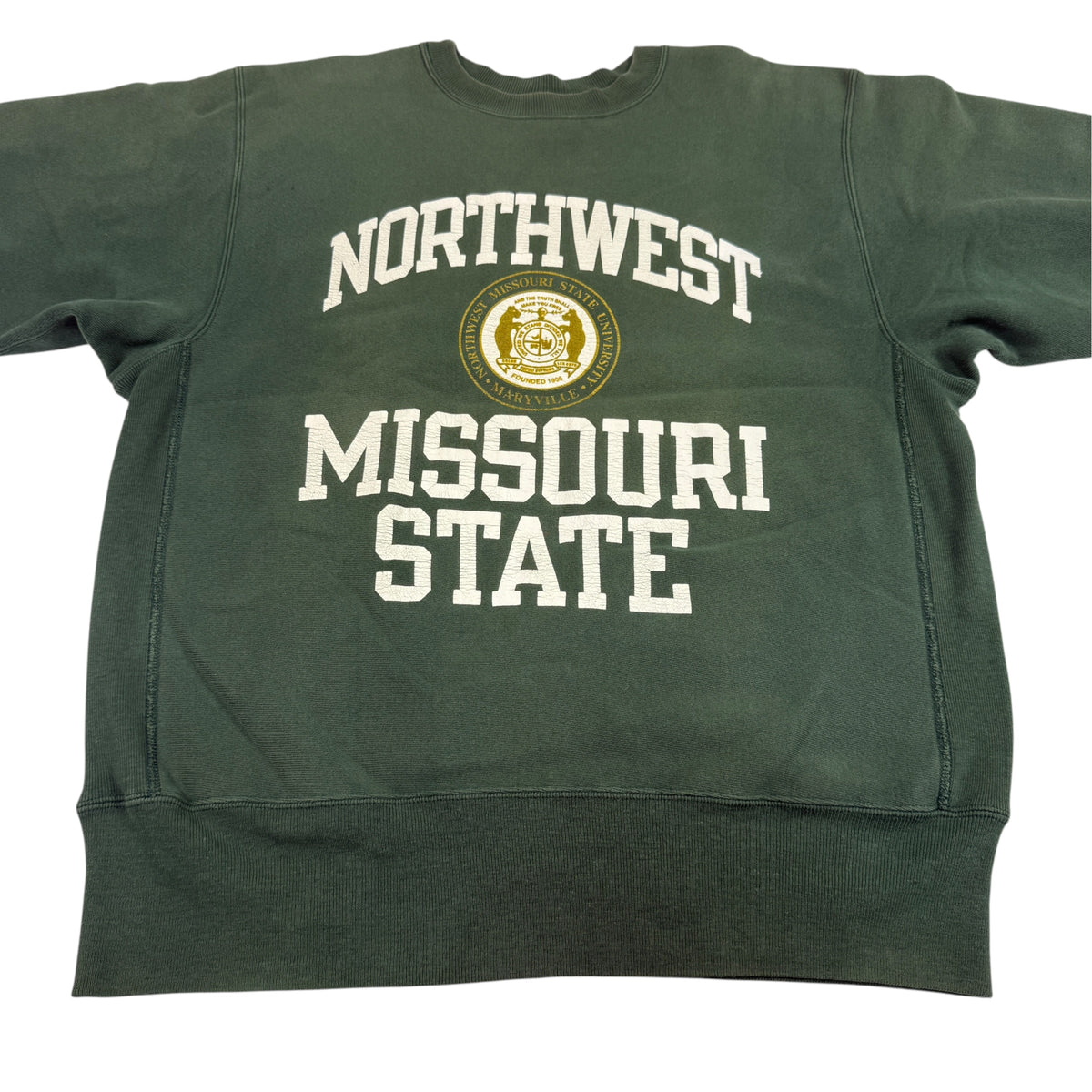 90's Champion リバースウィーブ NORTHWEST MISSOURI STATE 校章 グリーン スウェット L 正面 平置き全体