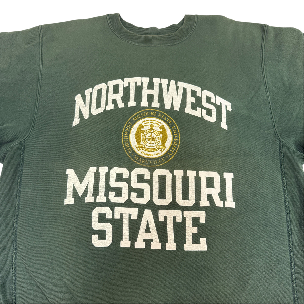 90's Champion リバースウィーブ NORTHWEST MISSOURI STATE 校章 グリーン スウェット L 胸 ロゴと校章引き