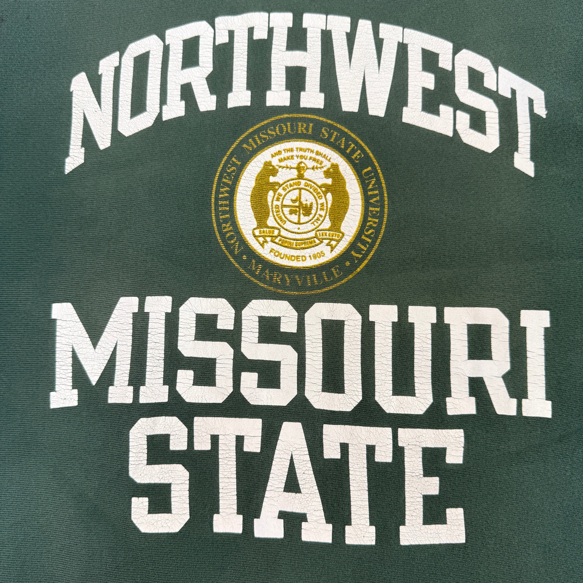 90's Champion リバースウィーブ NORTHWEST MISSOURI STATE 校章 グリーン スウェット L 胸 NORTHWEST MISSOURI STATE プリント寄り