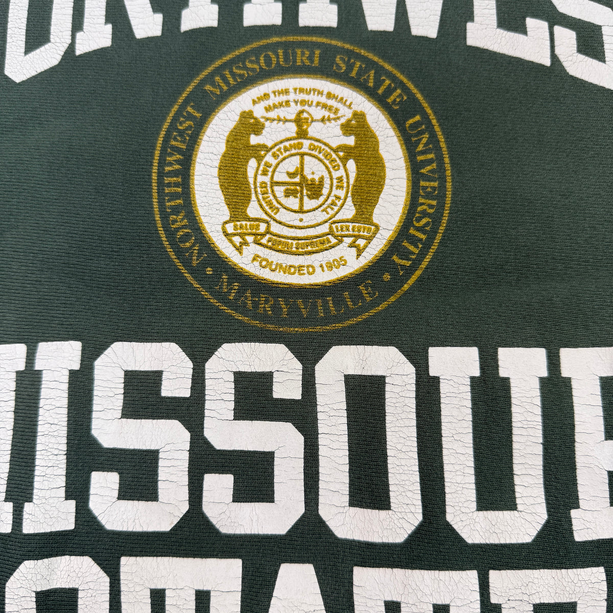 90's Champion リバースウィーブ NORTHWEST MISSOURI STATE 校章 グリーン スウェット L 校章 FOUNDED 1905 MARYVILLE 超寄り