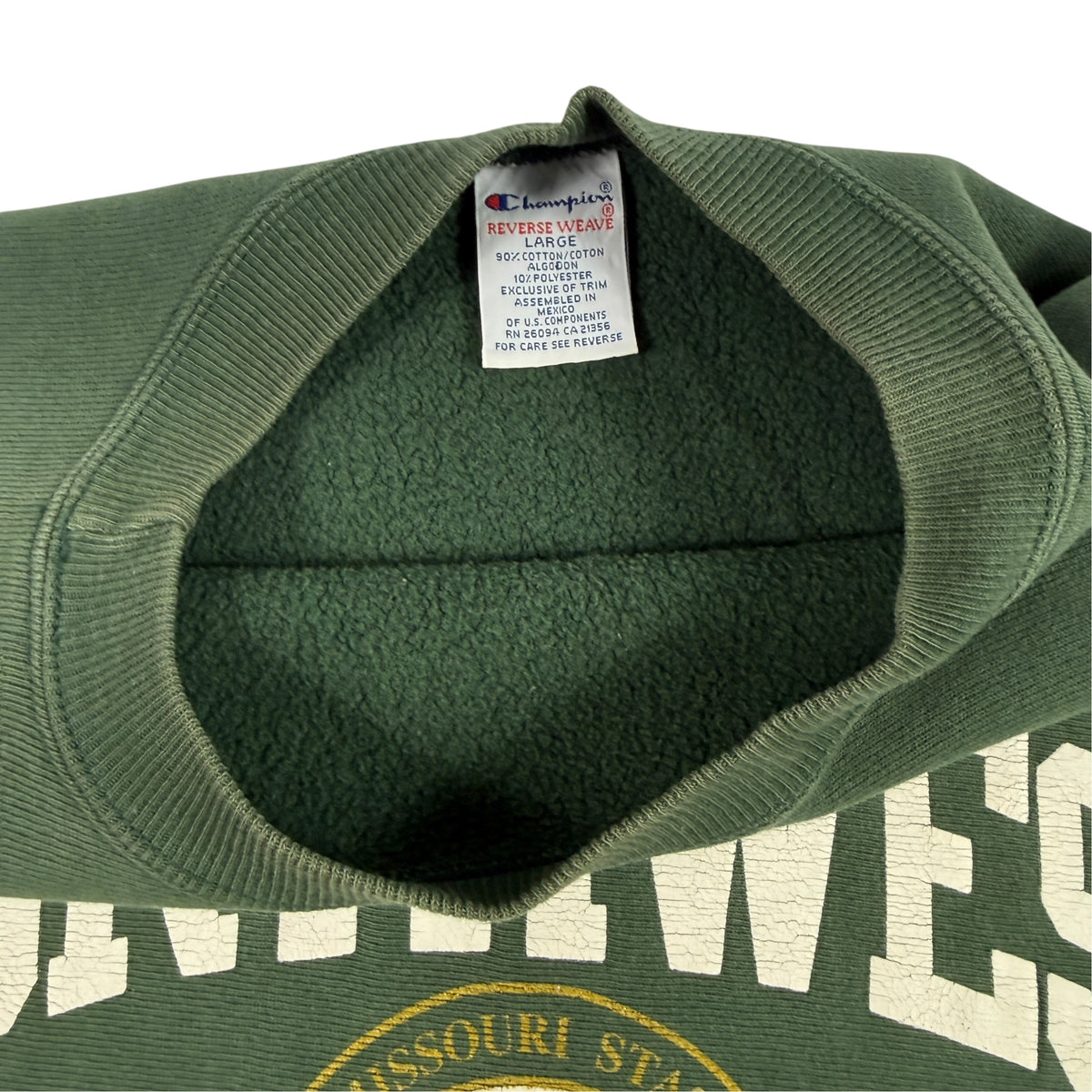 90's Champion リバースウィーブ NORTHWEST MISSOURI STATE 校章 グリーン スウェット L 首元内側とタグ引き