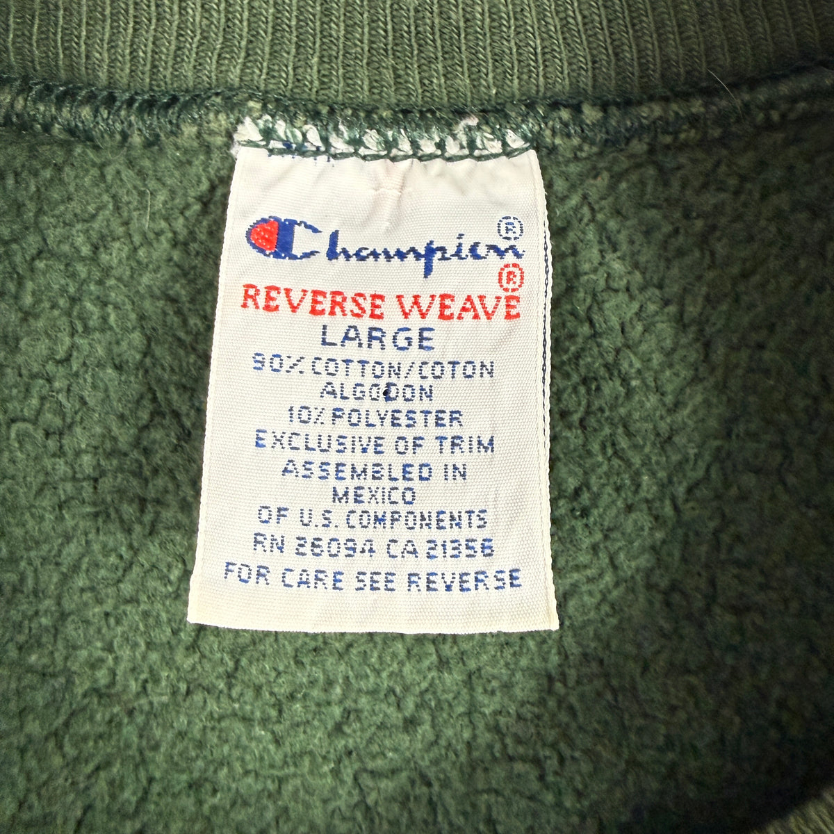 90's Champion リバースウィーブ NORTHWEST MISSOURI STATE 校章 グリーン スウェット L 刺繍タグ LARGE ASSEMBLED IN MEXICO RN 26094 CA 21356 寄り