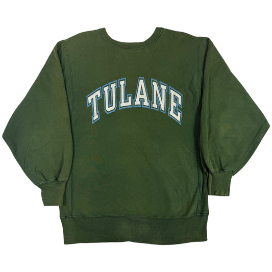 90's Champion リバースウィーブ TULANE チュレーン大学 強フェード グリーン スウェット XL 正面全体
