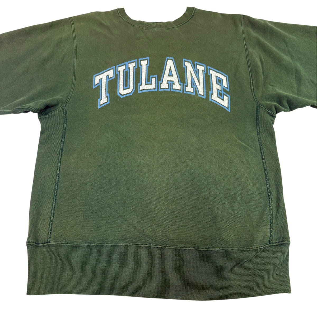 90's Champion リバースウィーブ TULANE 強フェード グリーン スウェット XL 正面 平置き全体