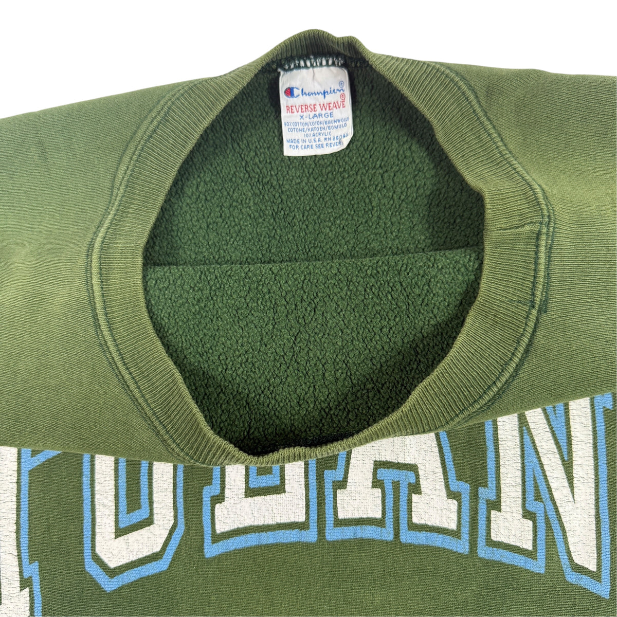 90's Champion リバースウィーブ TULANE 強フェード グリーン スウェット XL 首元内側とタグ引き