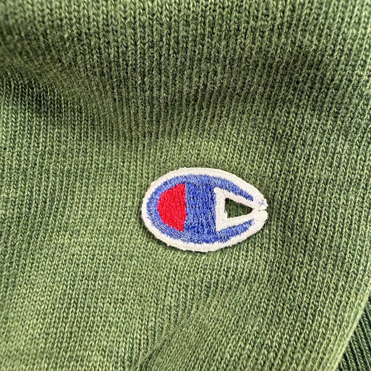 90's Champion リバースウィーブ TULANE 強フェード グリーン スウェット XL 左袖 Cロゴ刺繍寄り
