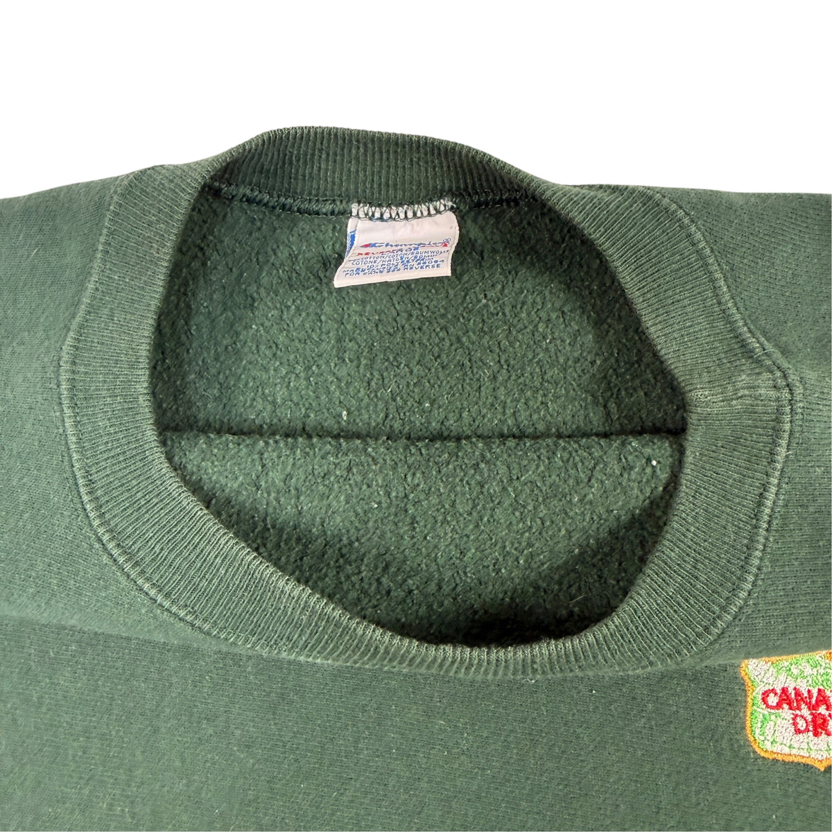 90's Champion リバースウィーブ CANADA DRY エンブレム刺繍 ダークグリーン スウェット L 首元内側とタグ引き