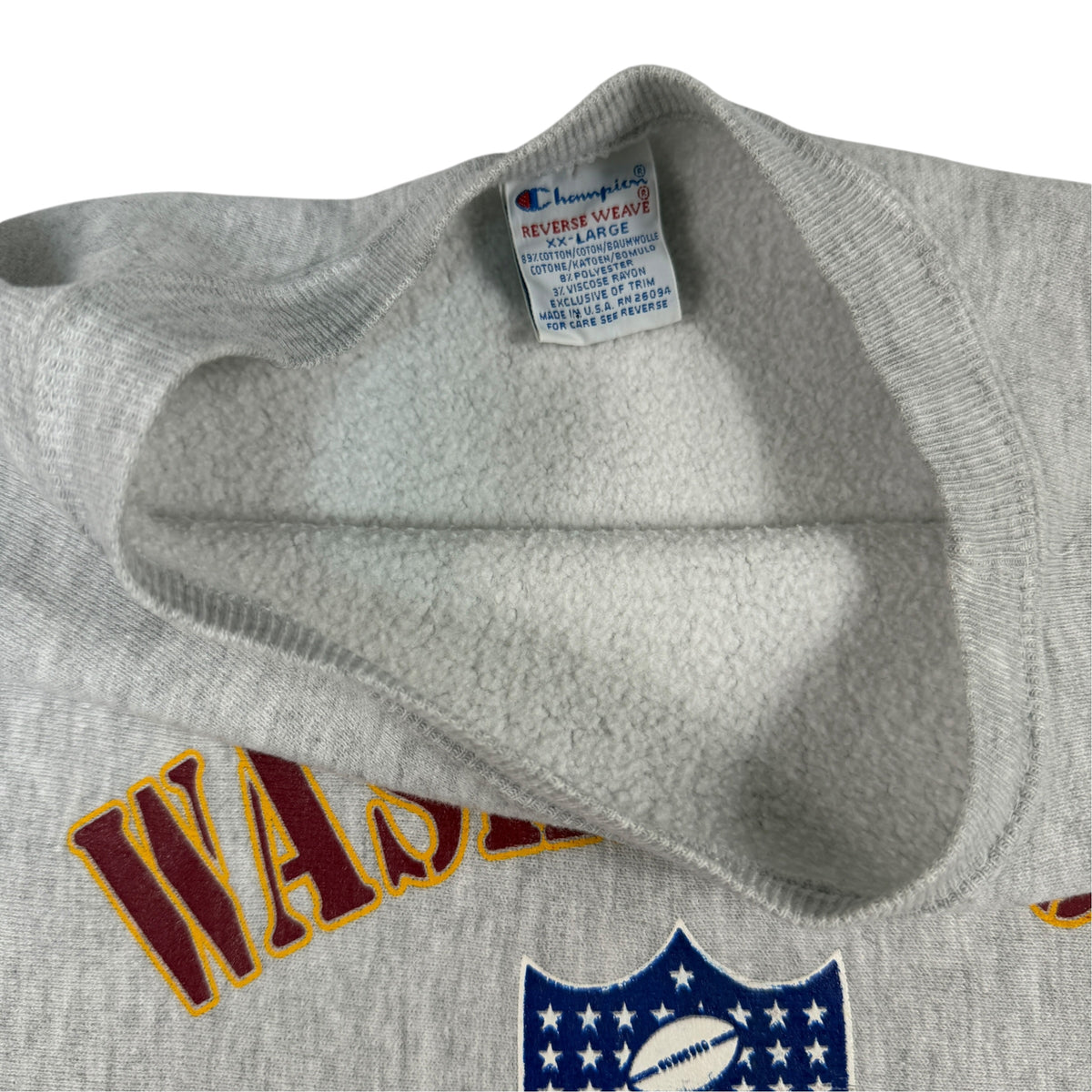 90's Champion リバースウィーブ WASHINGTON REDSKINS グレー スウェット XXL 首元内側とタグ引き