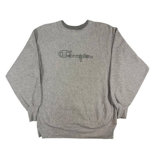 90's Champion リバースウィーブ スクリプトロゴ トーンオントーン刺繍 グレー スウェット L 正面全体