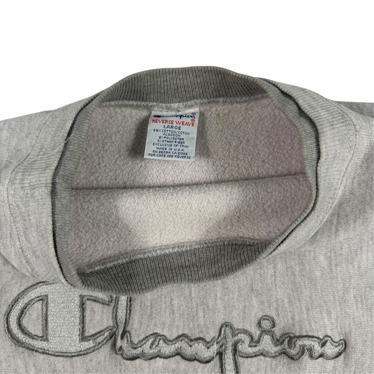 90's Champion リバースウィーブ スクリプトロゴ グレー スウェット L 首元内側とタグ引き