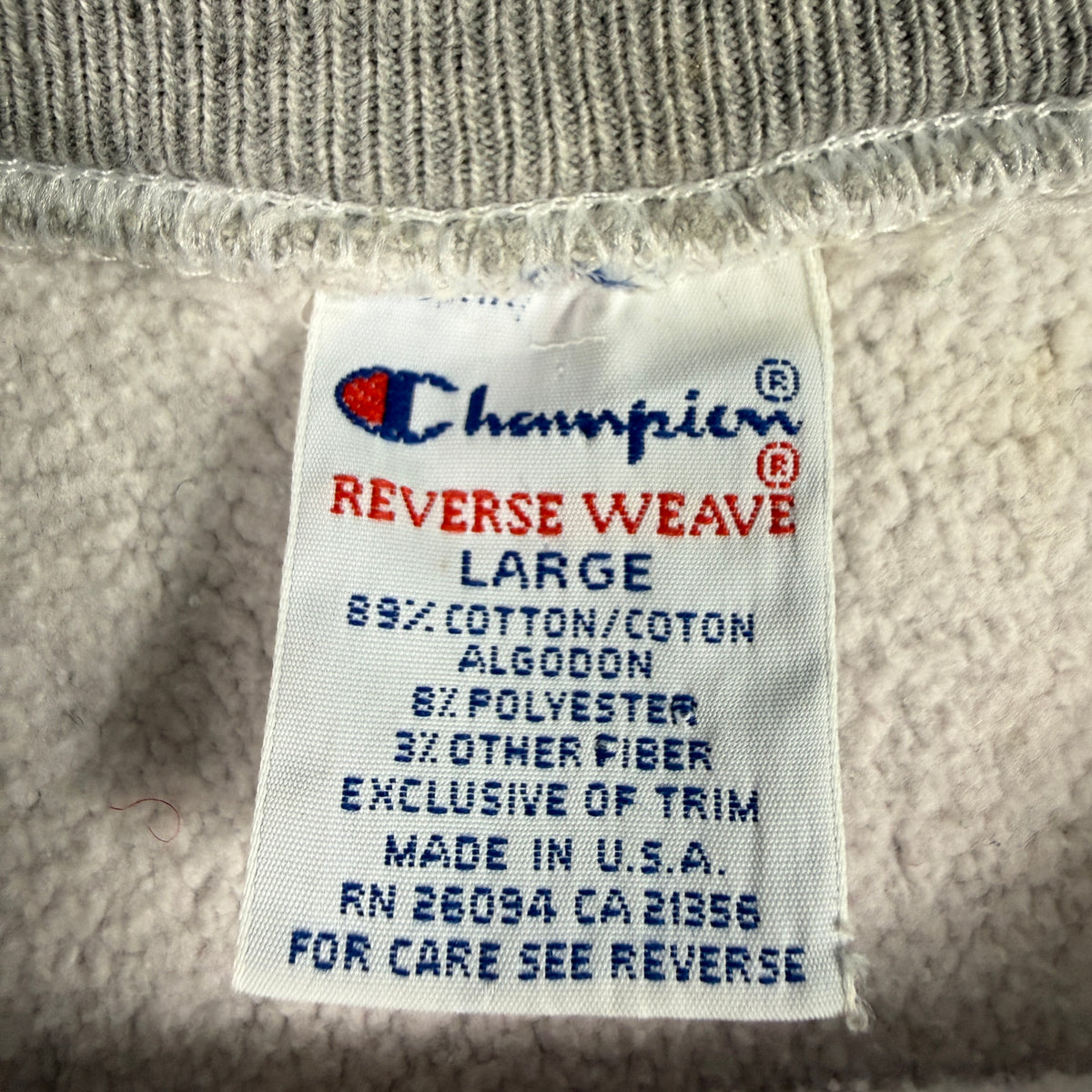 90's Champion リバースウィーブ スクリプトロゴ グレー スウェット L 刺繍タグ LARGE MADE IN U.S.A. RN 26094 CA 21356 寄り