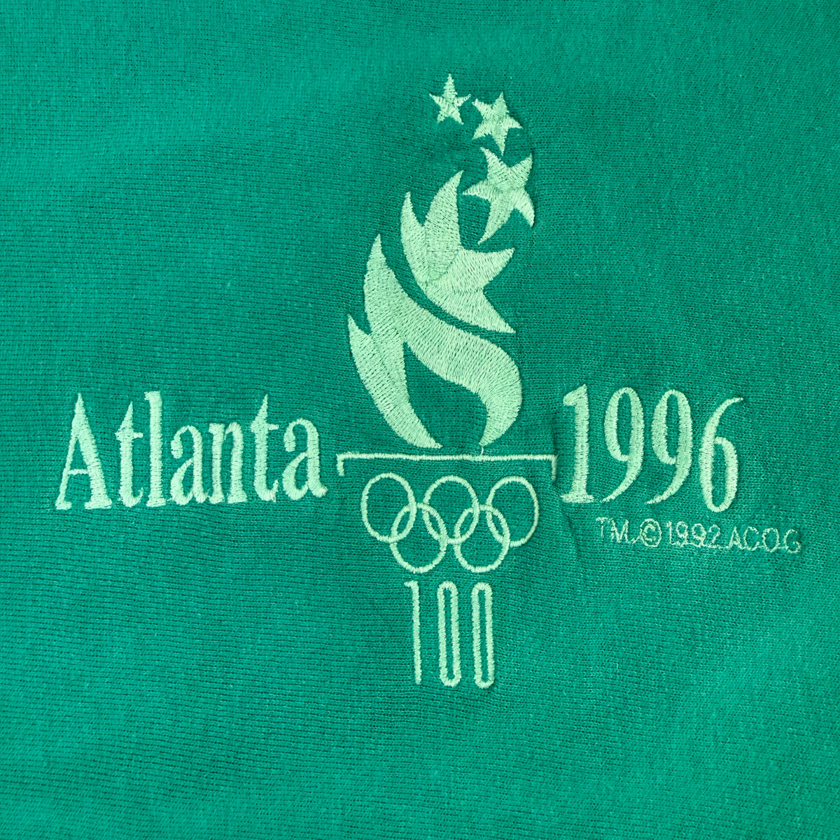 90's Champion リバースウィーブ Atlanta 1996 グリーン スウェット XXL 胸 聖火・五輪・100 トーンオントーン刺繍寄り