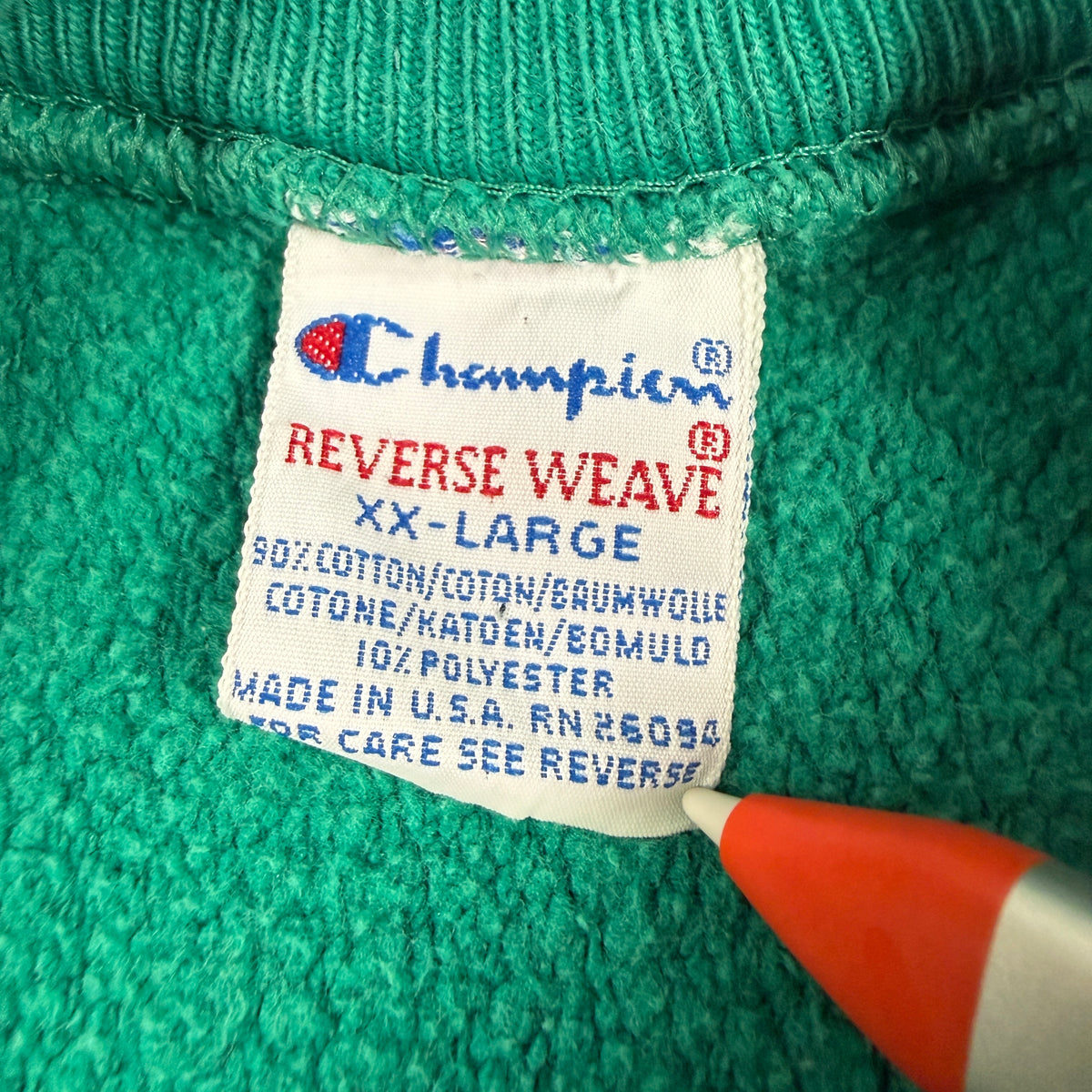 90's Champion リバースウィーブ Atlanta 1996 グリーン スウェット XXL 刺繍タグ XX-LARGE MADE IN U.S.A. RN 26094 寄り
