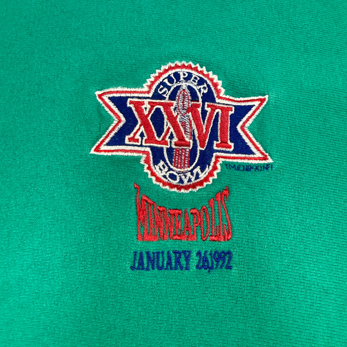 90's Champion リバースウィーブ SUPER BOWL XXVI グリーン スウェット L 左胸 SUPER BOWL XXVI MINNEAPOLIS JANUARY 26,1992 刺繍寄り