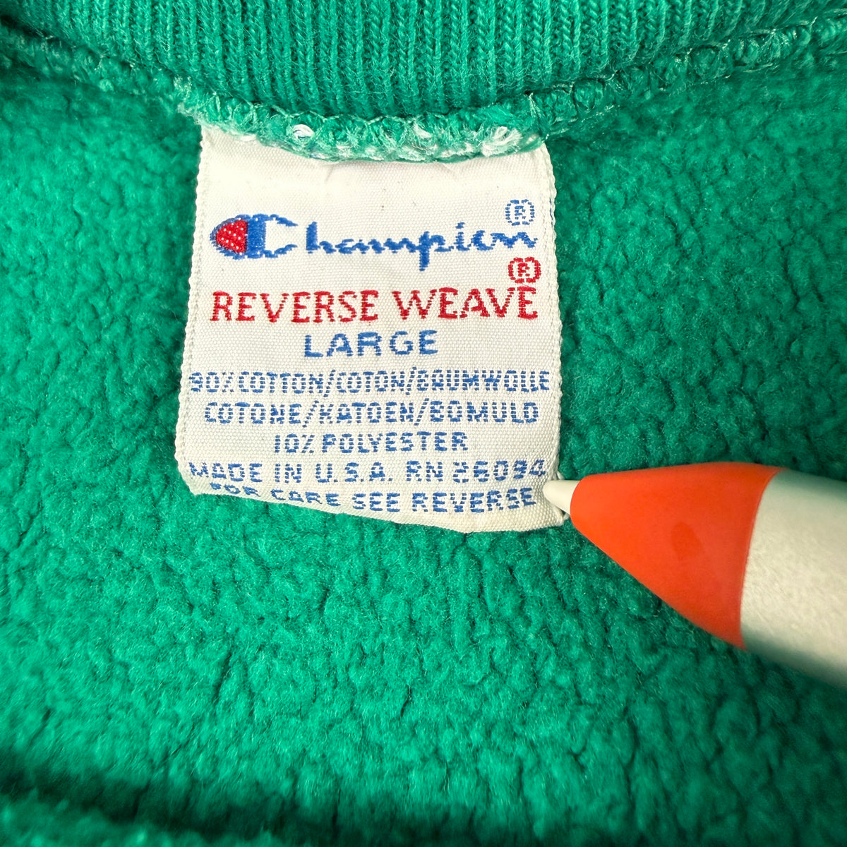 90's Champion リバースウィーブ SUPER BOWL XXVI グリーン スウェット L 刺繍タグ LARGE MADE IN U.S.A. RN 26094 寄り