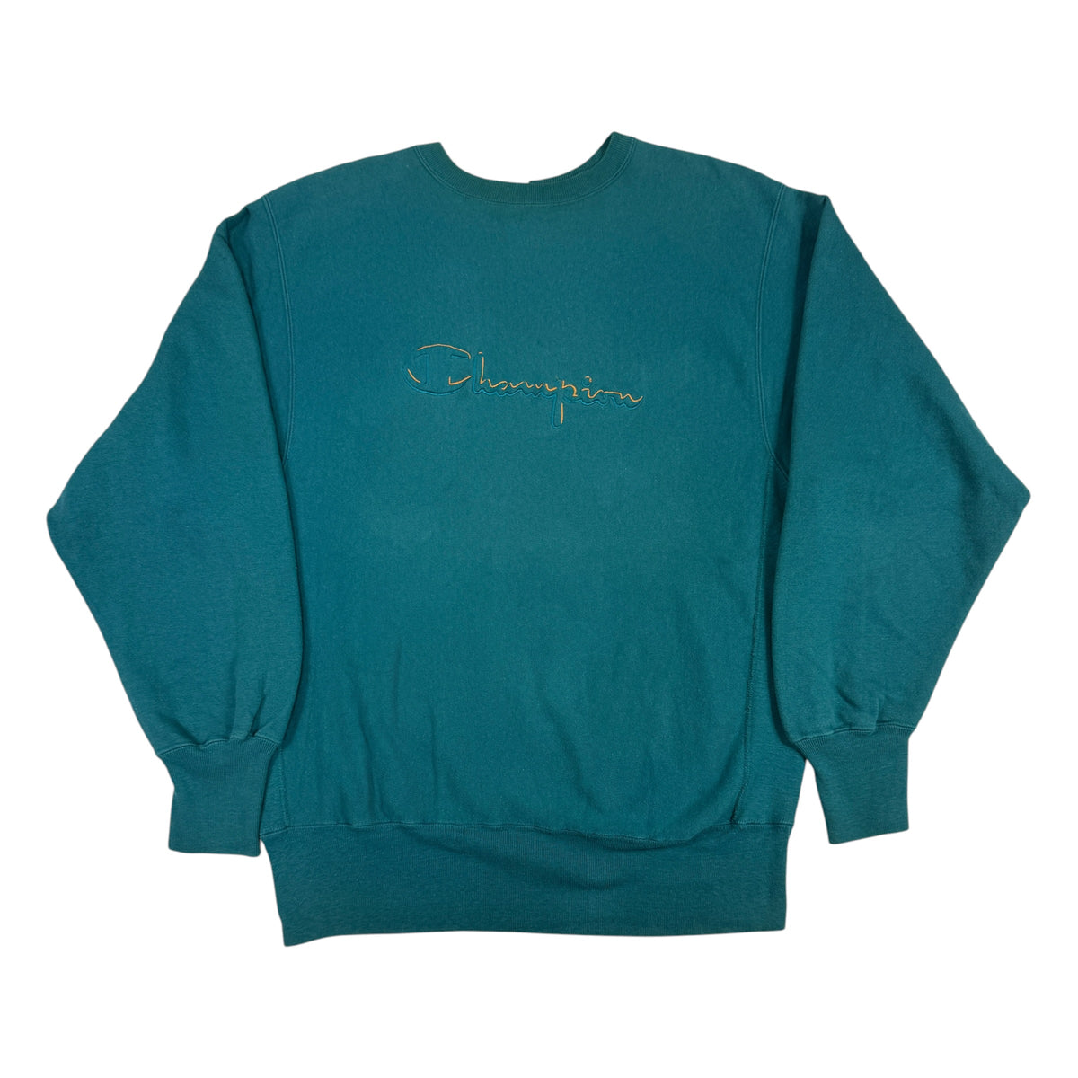 90's Champion リバースウィーブ スクリプトロゴ ティールグリーン スウェット XL 正面全体