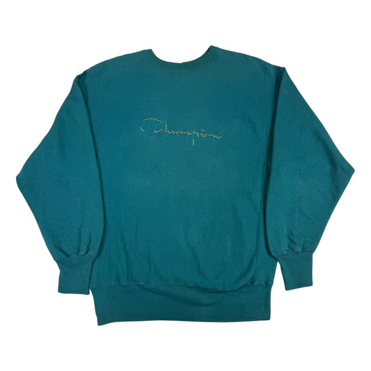 90's Champion リバースウィーブ スクリプトロゴ ティールグリーン スウェット XL 正面全体
