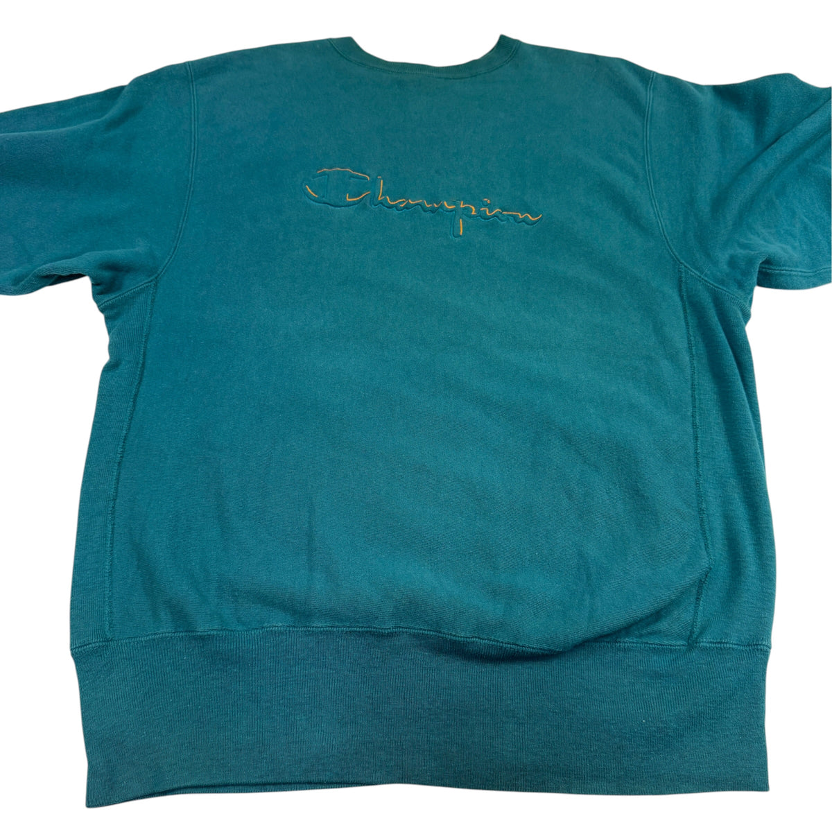 90's Champion リバースウィーブ スクリプトロゴ ティールグリーン スウェット XL 正面 平置き全体