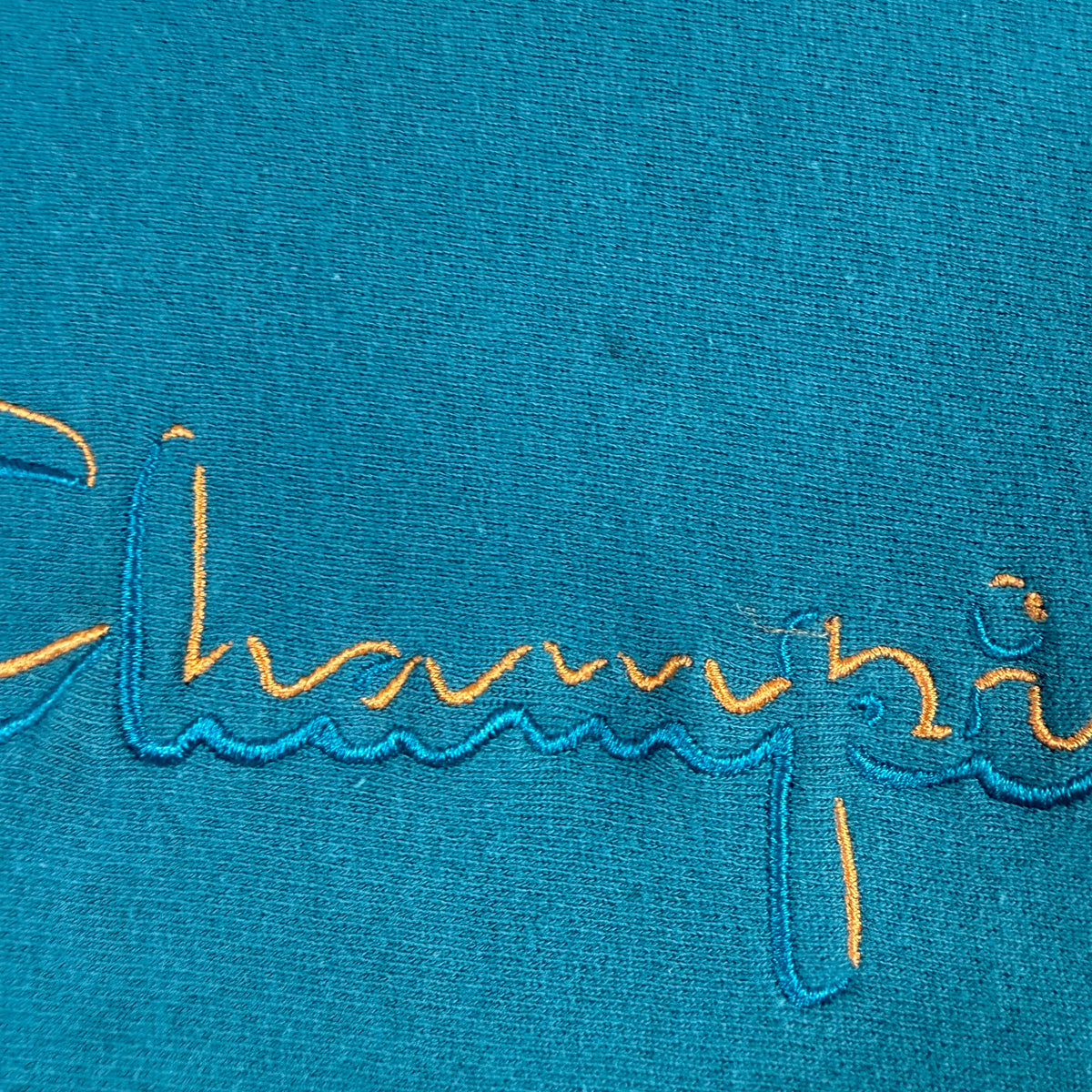90's Champion リバースウィーブ スクリプトロゴ ティールグリーン スウェット XL 胸 刺繍 超寄り