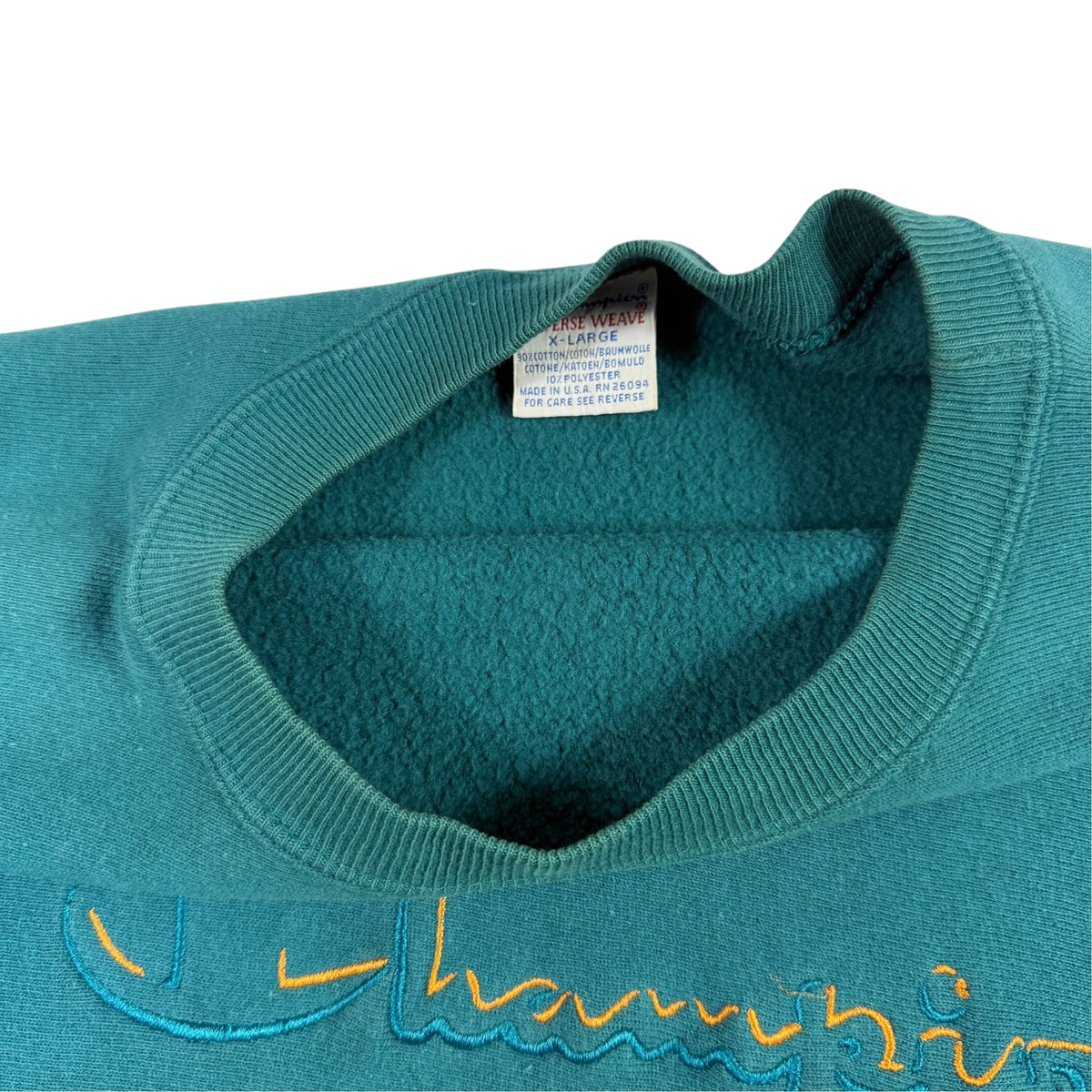 90's Champion リバースウィーブ スクリプトロゴ ティールグリーン スウェット XL 首元内側とタグ引き
