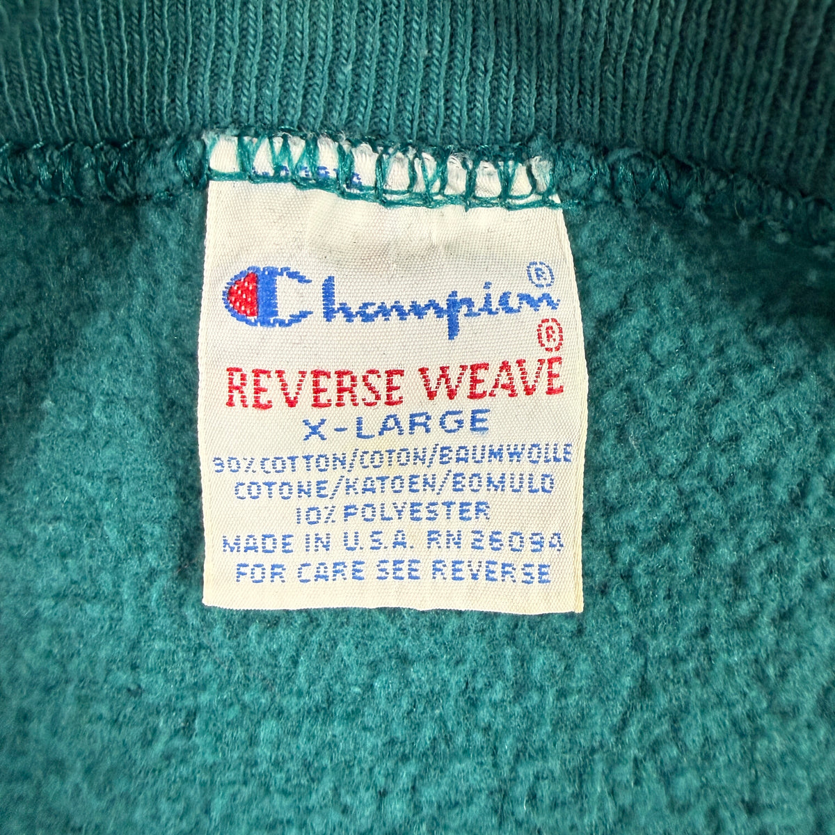 90's Champion リバースウィーブ スクリプトロゴ ティールグリーン スウェット XL 刺繍タグ X-LARGE MADE IN U.S.A. RN 26094 寄り