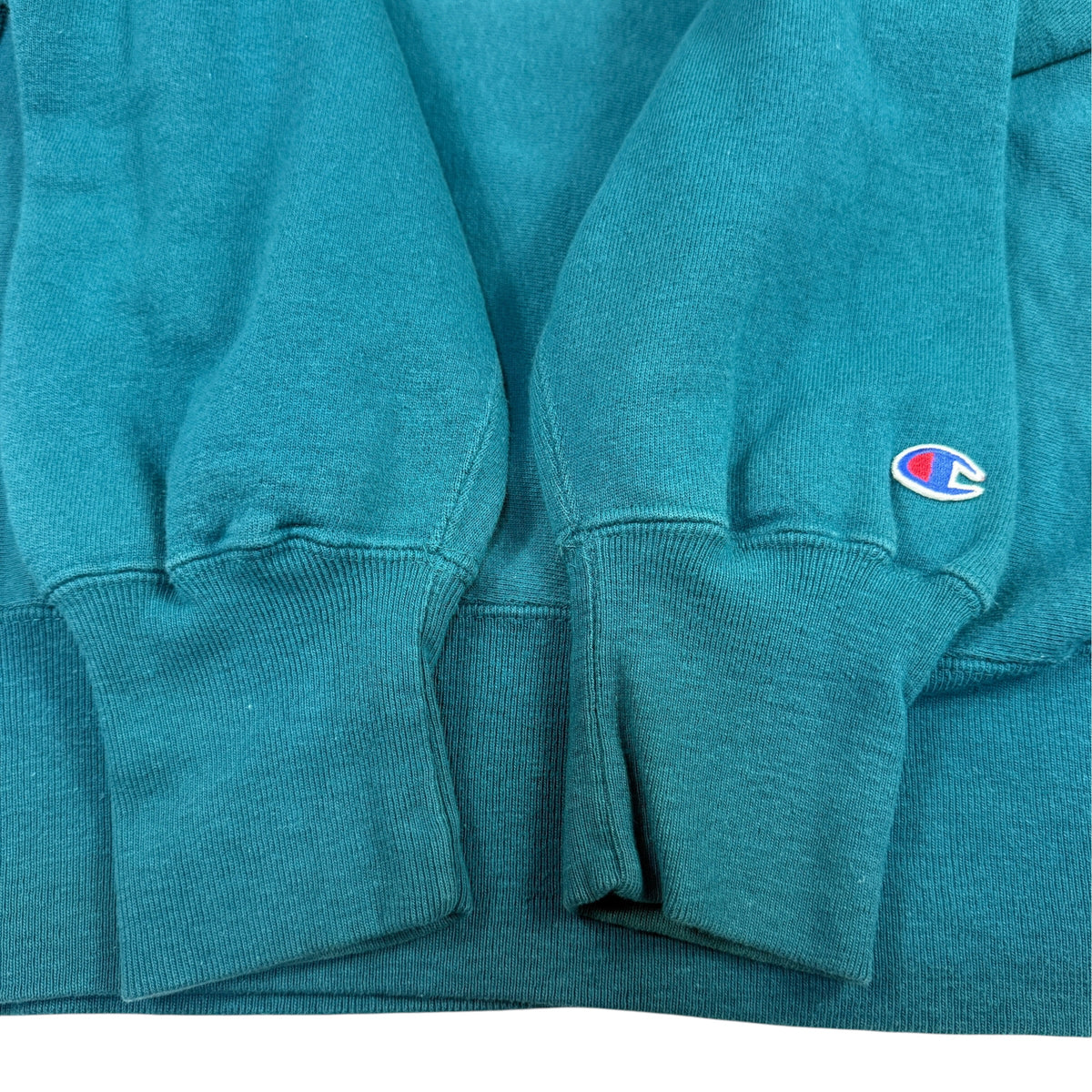 90's Champion リバースウィーブ スクリプトロゴ ティールグリーン スウェット XL 袖口リブとCロゴ