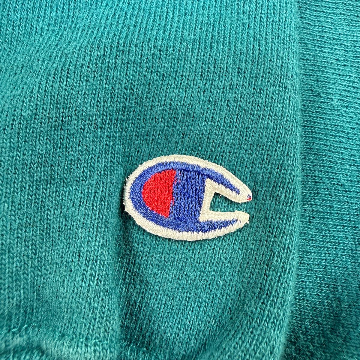 90's Champion リバースウィーブ スクリプトロゴ ティールグリーン スウェット XL 左袖 Cロゴ刺繍寄り