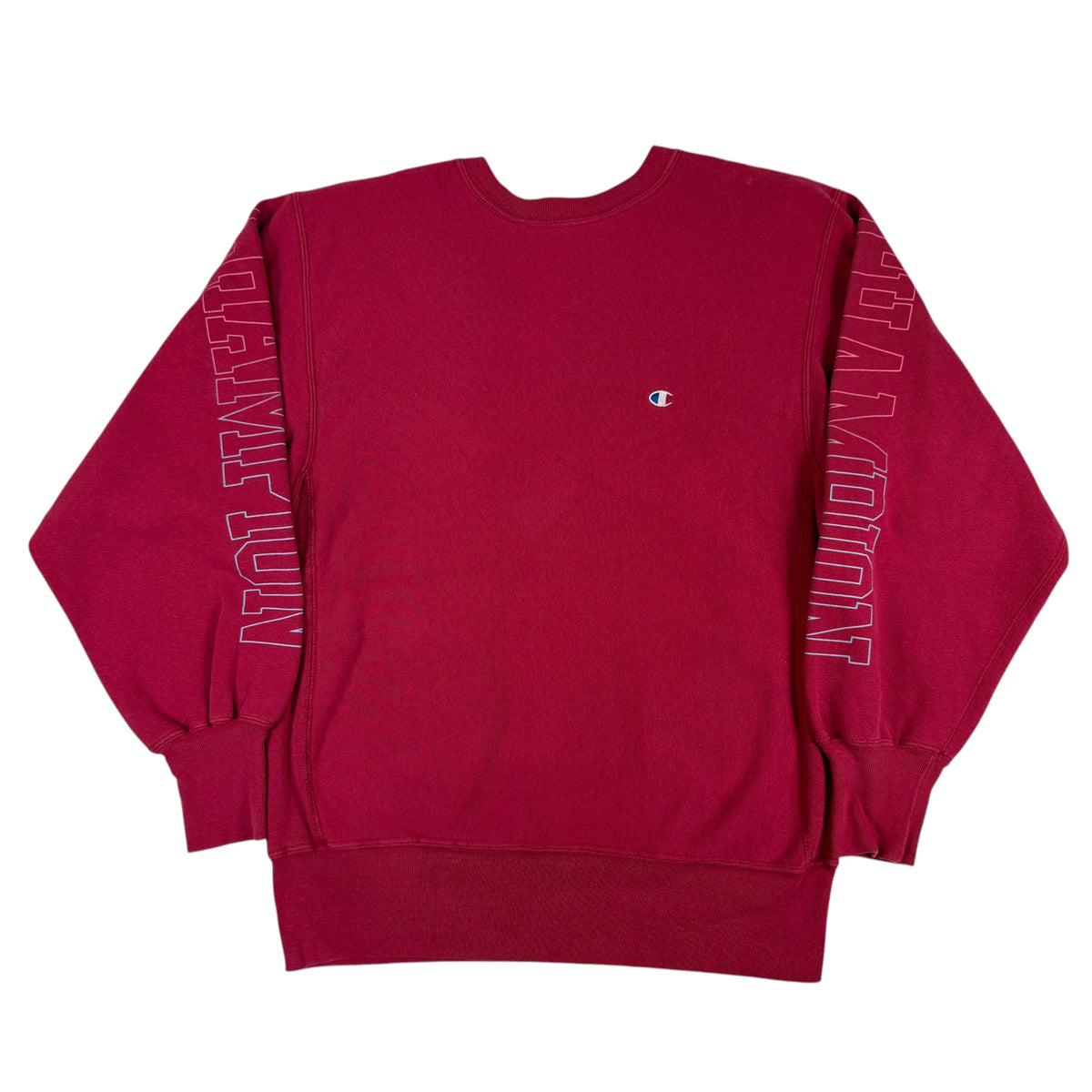 Champion リバースウィーブ 両袖CHAMPIONプリント クリムゾン スウェット 正面全体
