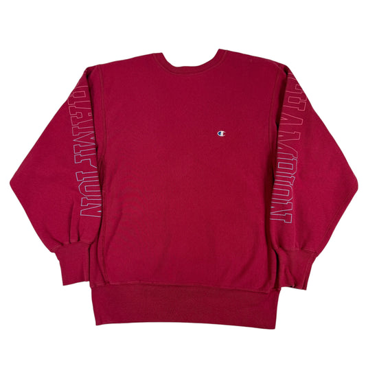Champion リバースウィーブ 両袖CHAMPIONプリント クリムゾン スウェット 正面全体