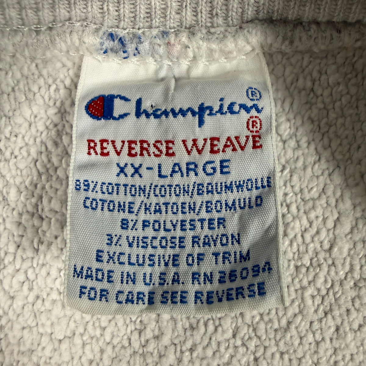 Champion REVERSE WEAVE XX-LARGE 刺繍タグ。コットン89% ポリエステル8% ビスコースレーヨン3% MADE IN U.S.A. RN 26094
