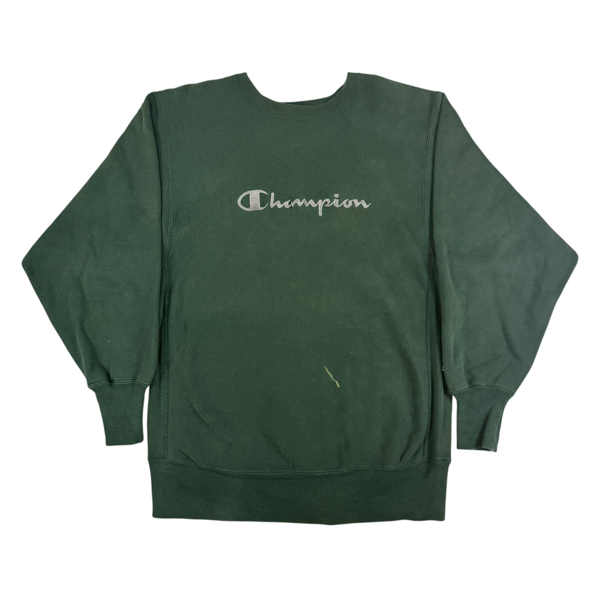 90's Champion リバースウィーブ スクリプトロゴ ホワイト刺繍 ダークグリーン スウェット XL 正面全体