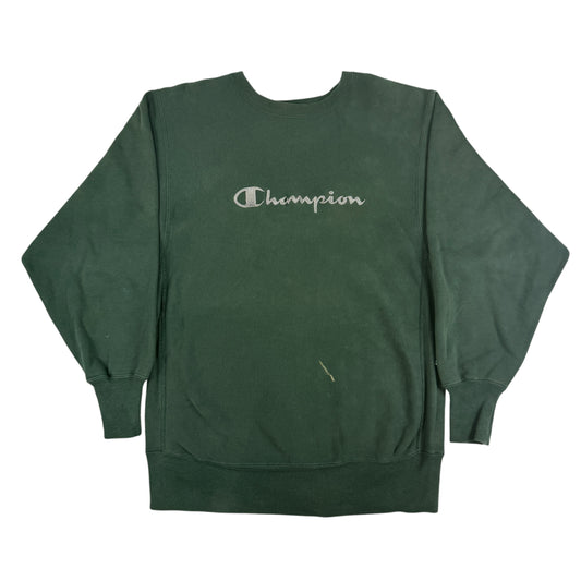 90's Champion リバースウィーブ スクリプトロゴ ホワイト刺繍 ダークグリーン スウェット XL 正面全体