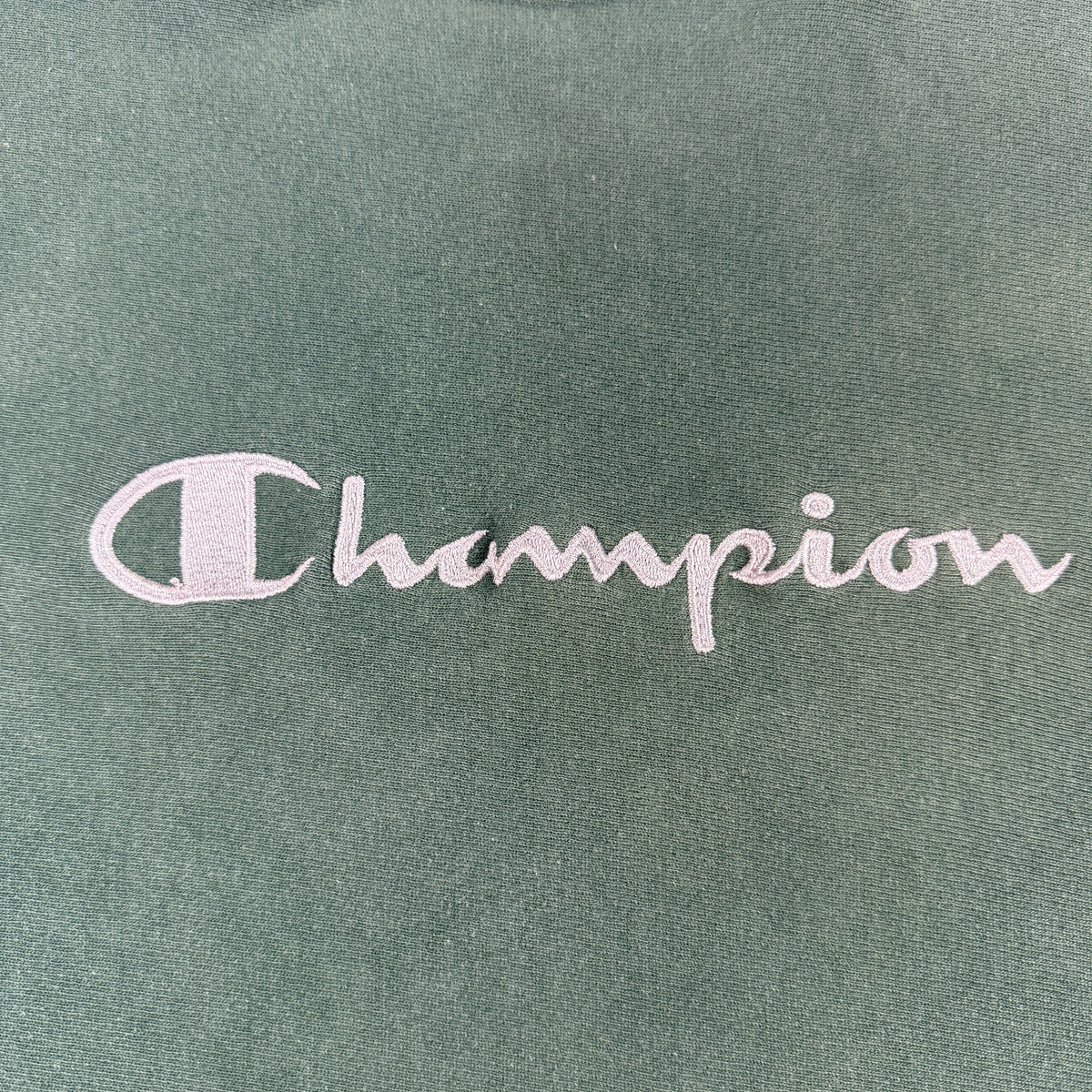 90's Champion リバースウィーブ スクリプトロゴ ダークグリーン スウェット XL 胸 刺繍 超寄り