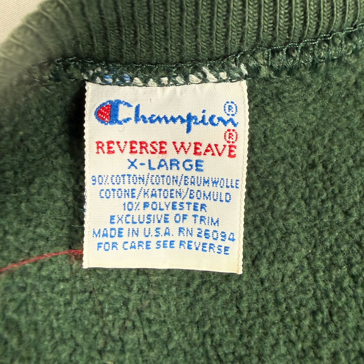 90's Champion リバースウィーブ スクリプトロゴ ダークグリーン スウェット XL 刺繍タグ X-LARGE MADE IN U.S.A. RN 26094 寄り