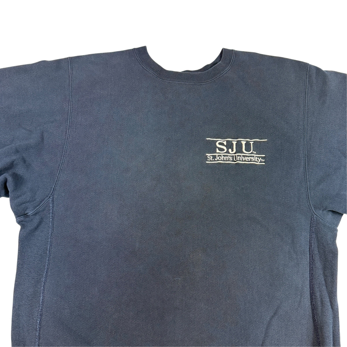 90's Champion リバースウィーブ SJU ネイビー スウェット XL 正面 上半身引き