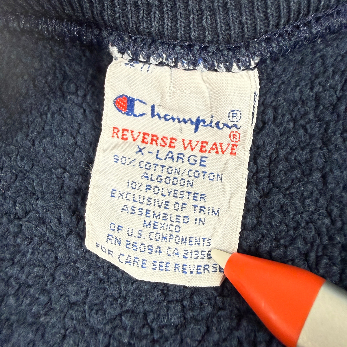 90's Champion リバースウィーブ SJU ネイビー スウェット XL 刺繍タグ X-LARGE ASSEMBLED IN MEXICO RN 26094 CA 21356 寄り