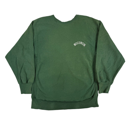90's Champion リバースウィーブ WISCONSIN 刺繍 グリーン ボロ スウェット XL 正面全体