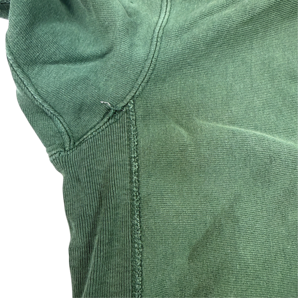 90's Champion リバースウィーブ WISCONSIN グリーン スウェット XL 脇のガゼットまわり 色抜け