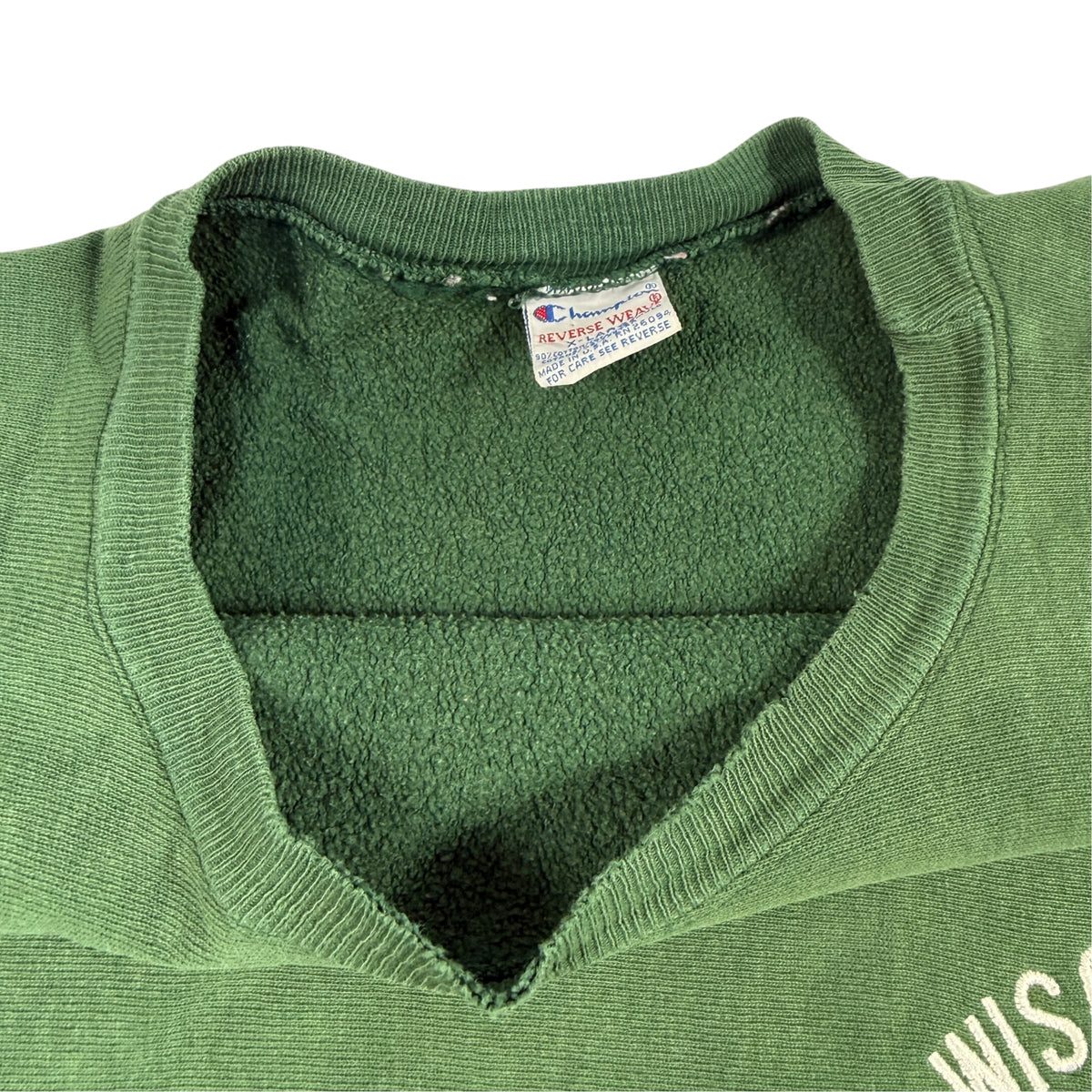 90's Champion リバースウィーブ WISCONSIN グリーン スウェット XL 首元内側とタグ引き