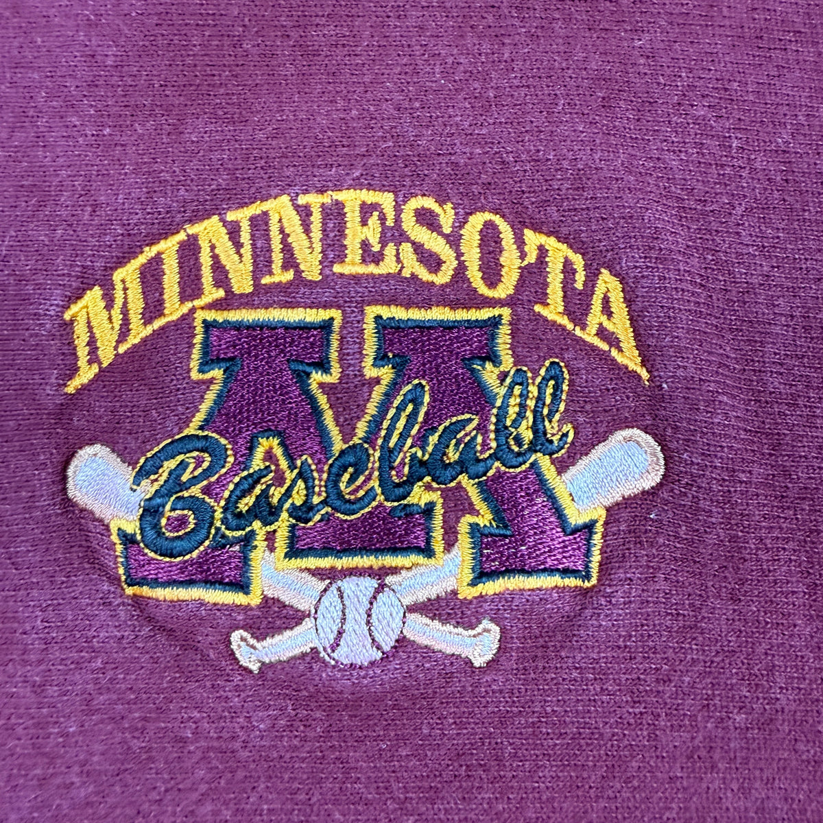 90's Champion リバースウィーブ MINNESOTA Baseball マルーン スウェット L 左胸 Mロゴとバットの刺繍 超寄り