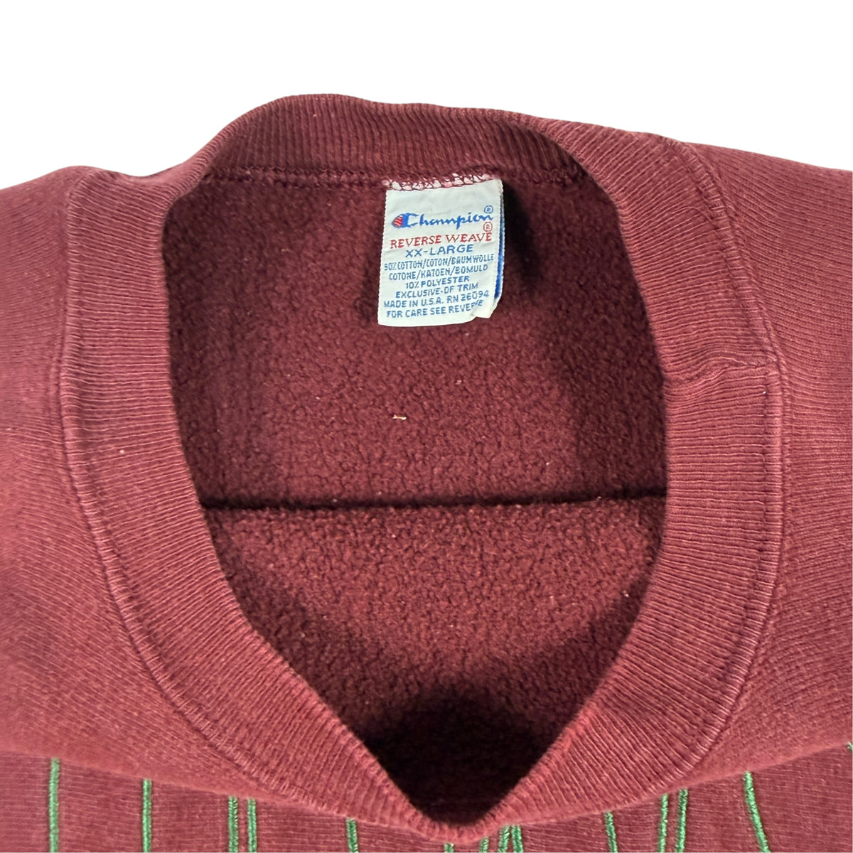 90's Champion リバースウィーブ UWS マルーン スウェット XXL 首元内側とタグ引き