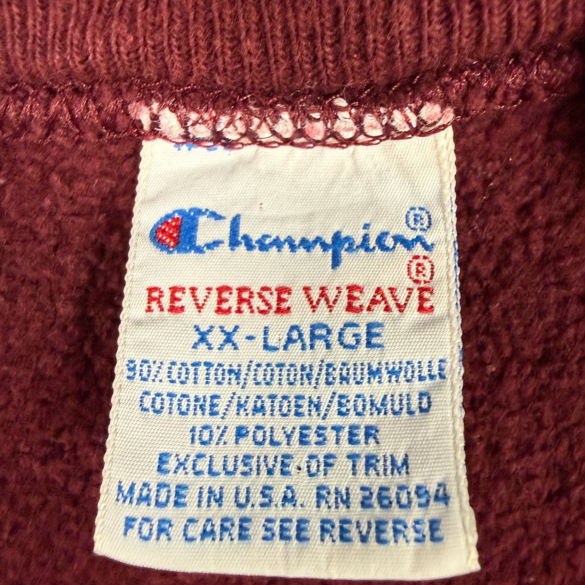 90's Champion リバースウィーブ UWS マルーン スウェット XXL 刺繍タグ XX-LARGE MADE IN U.S.A. RN 26094 寄り