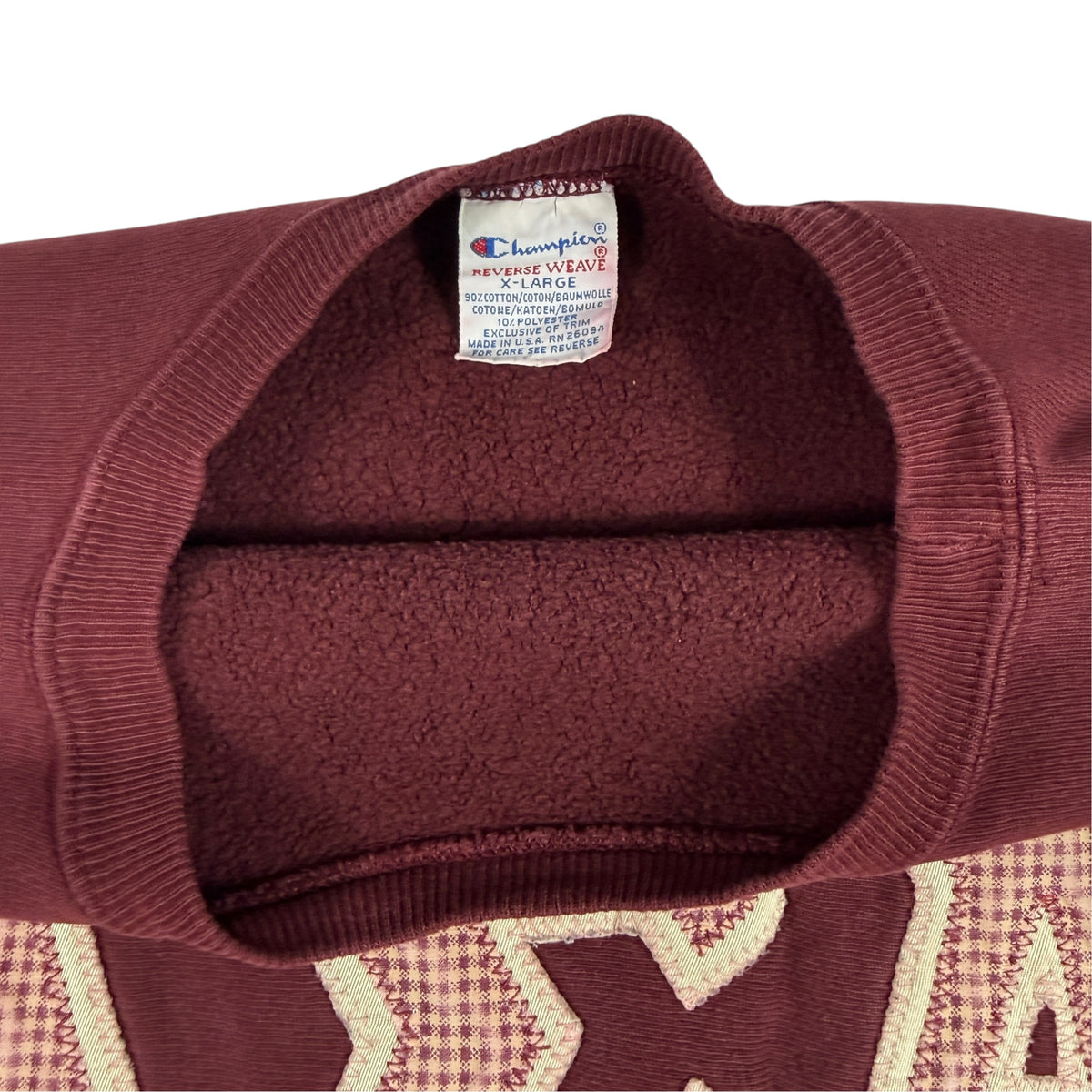 90's Champion リバースウィーブ ギリシャ文字 マルーン スウェット XL 首元内側とタグ引き