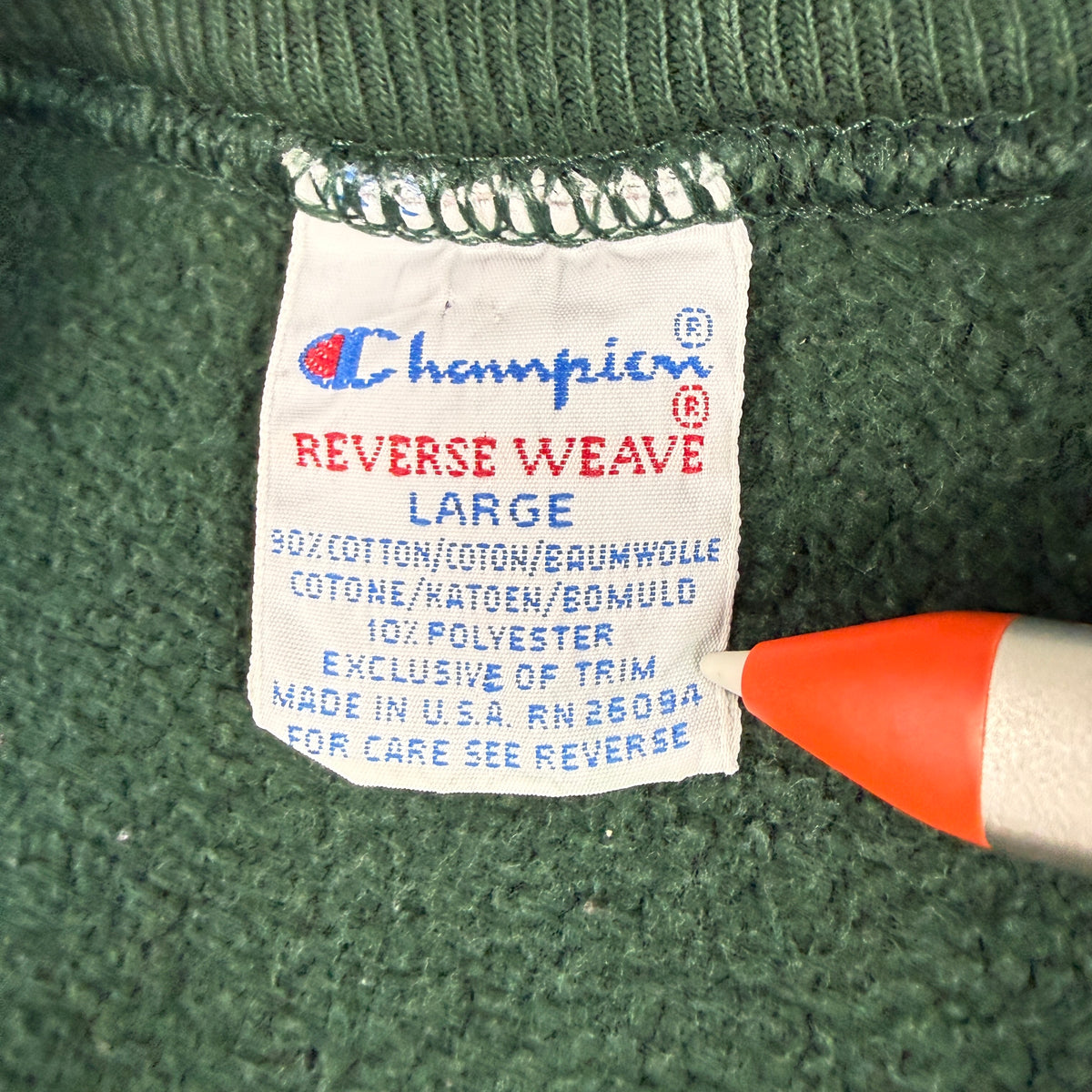 90's Champion リバースウィーブ CSB グリーン スウェット L 刺繍タグ LARGE MADE IN U.S.A. RN 26094 寄り