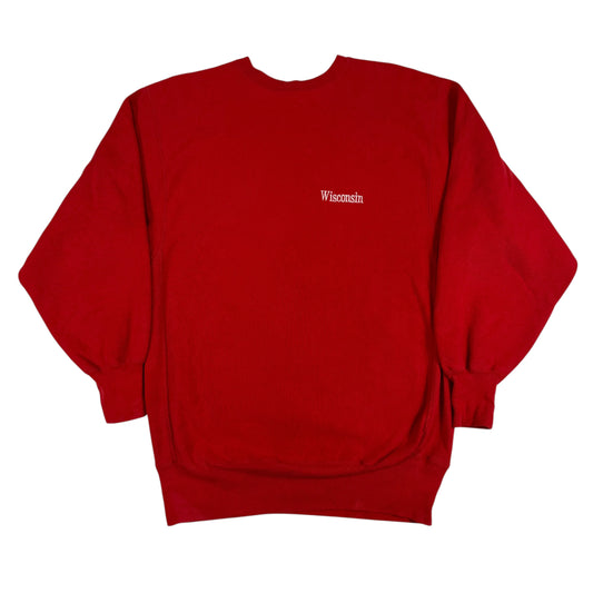 90's Champion リバースウィーブ Wisconsin ワンポイント刺繍 レッド スウェット XXL 正面全体