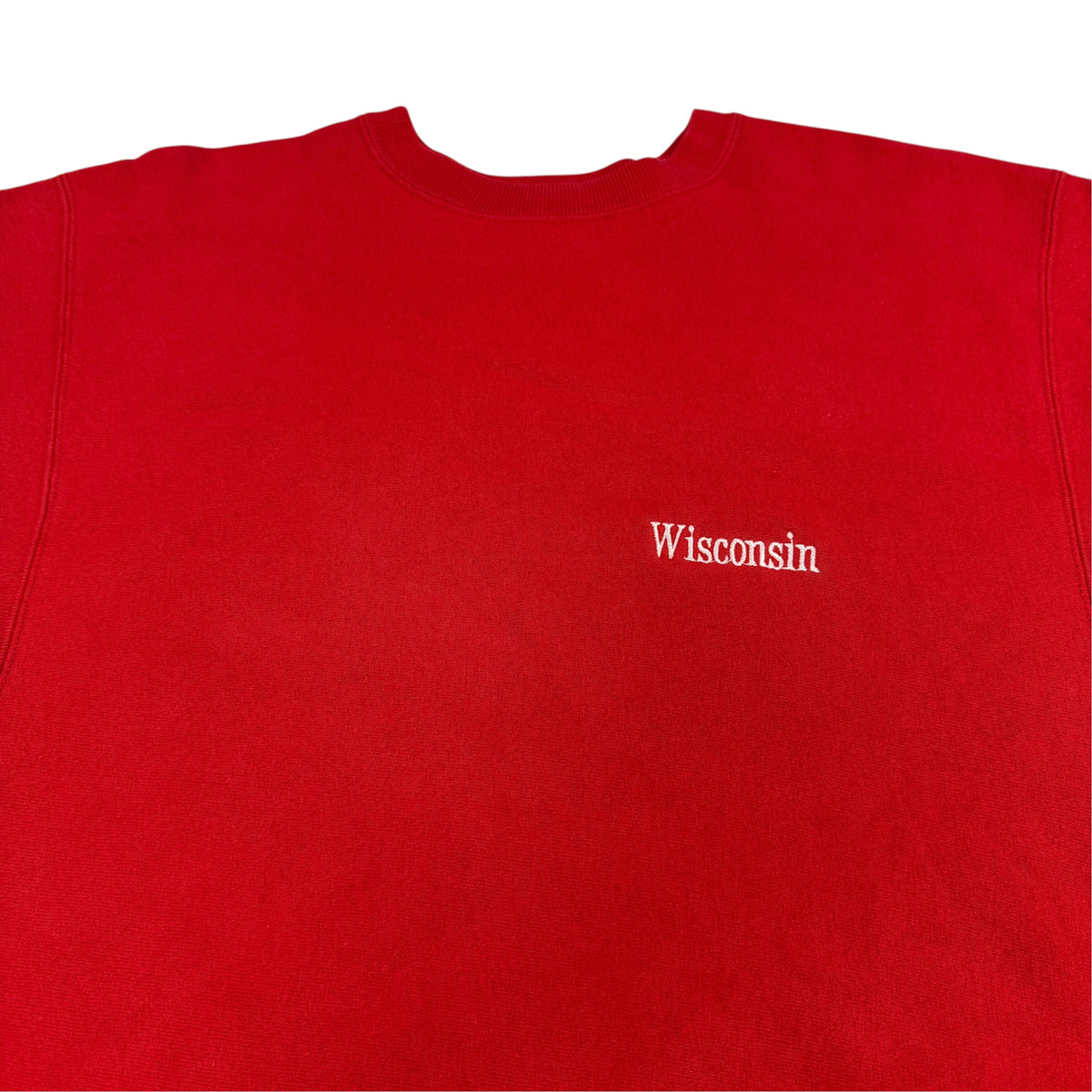 90's Champion リバースウィーブ Wisconsin レッド スウェット XXL 左胸 Wisconsin 刺繍引き