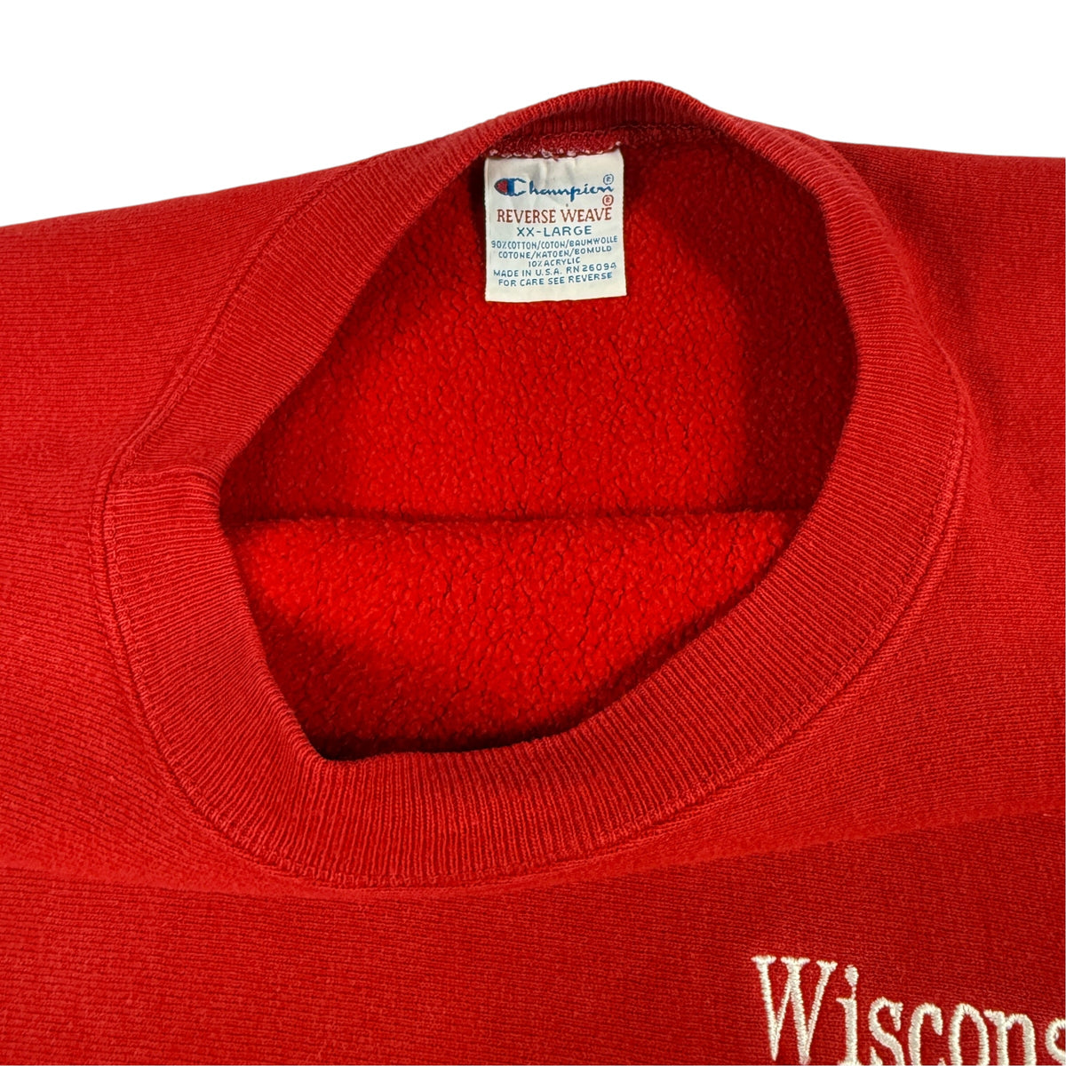 90's Champion リバースウィーブ Wisconsin レッド スウェット XXL 首元内側とタグ引き